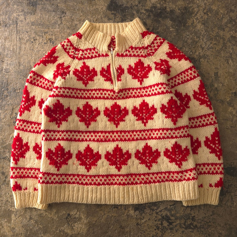 Vintage 1970s Red Cream Maple Leaf Quarter Zip Wool Sweater